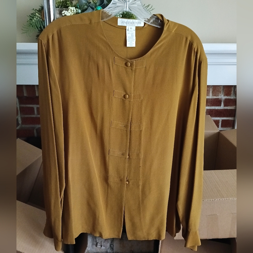 Mustard Button-Up Blouse, 100% Silk, 16,Large